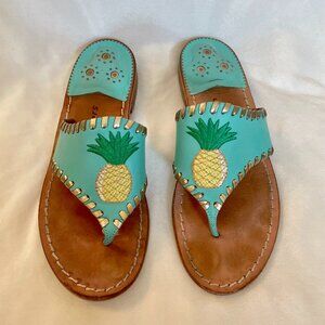 Jack Rogers Pineapple Embroidered Leather Blue Sandals